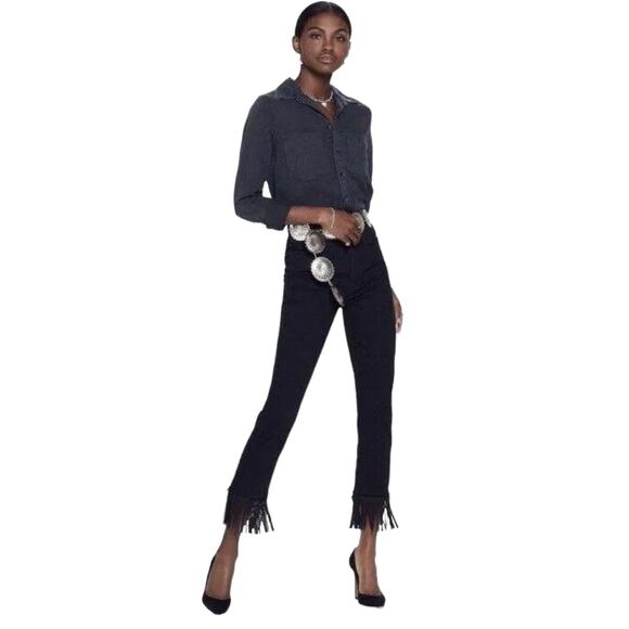Mother High Waist Rascal Top Fray Whip Fringe Skinny Black Jeans Size 24 - Picture 1 of 14